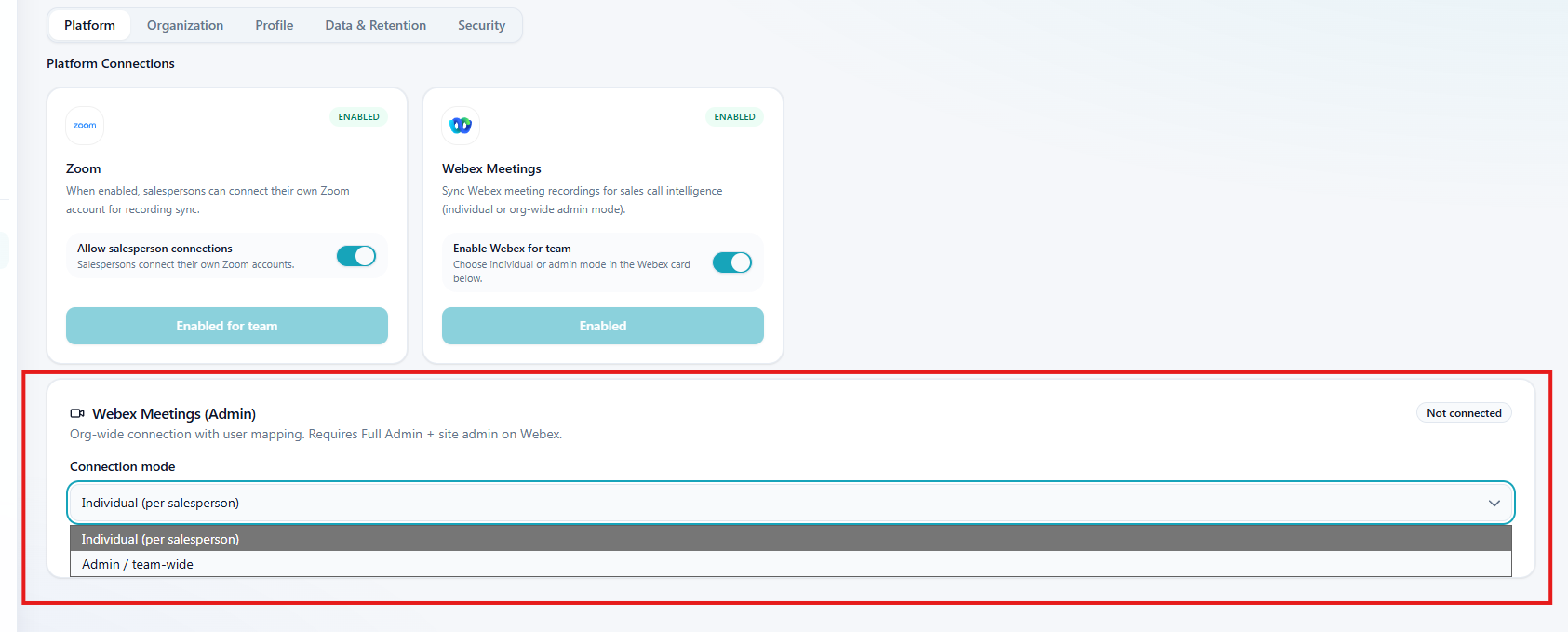 Webex admin card — mode and connect
