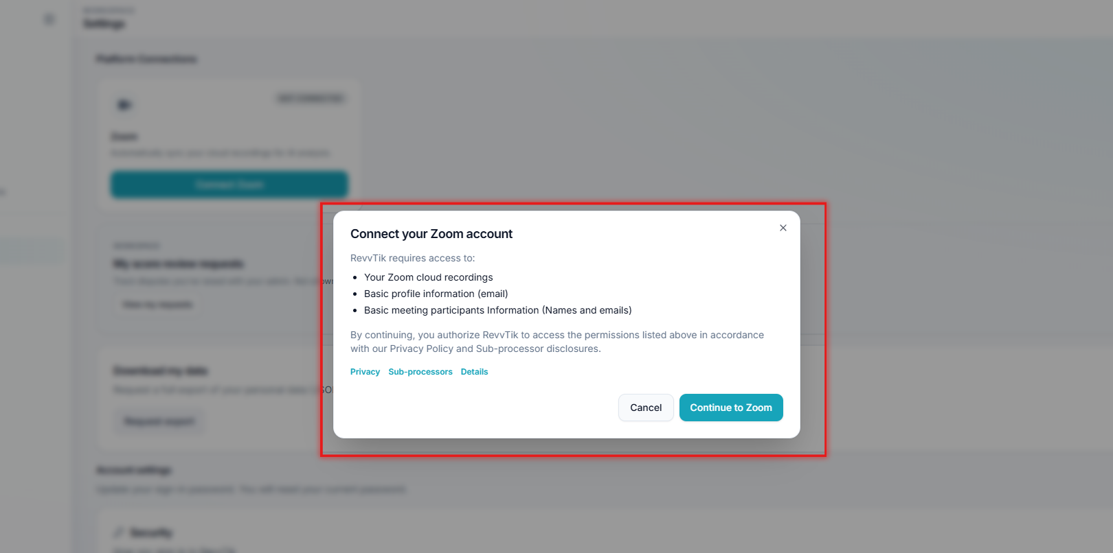 RevvTik Zoom disclosure modal