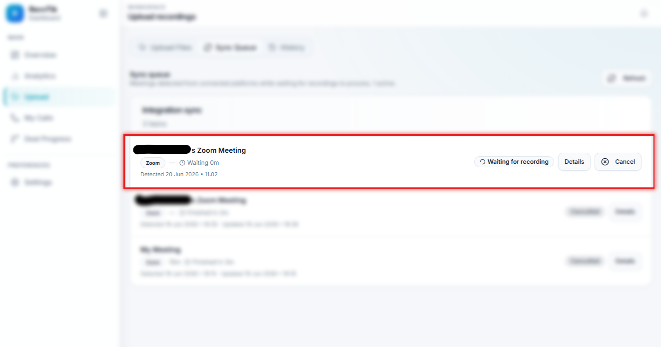 Uploads / Sync Queue showing recording processing