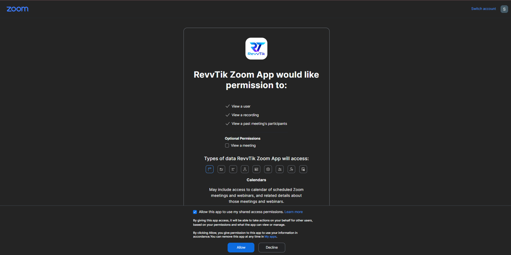 Zoom OAuth consent screen